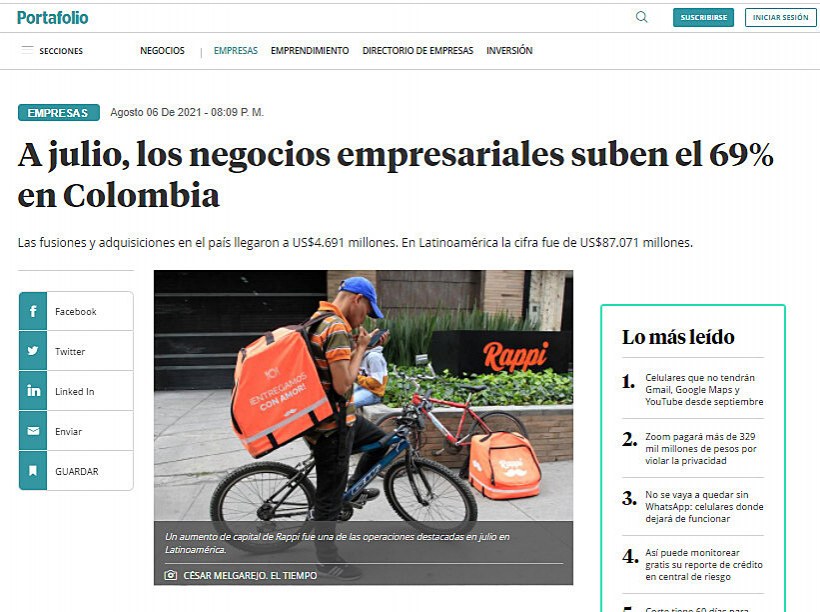 A julio, los negocios empresariales suben el 69% en Colombia